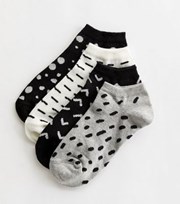New Look 4 Pack Black Grey and White Abstract Trainer Socks